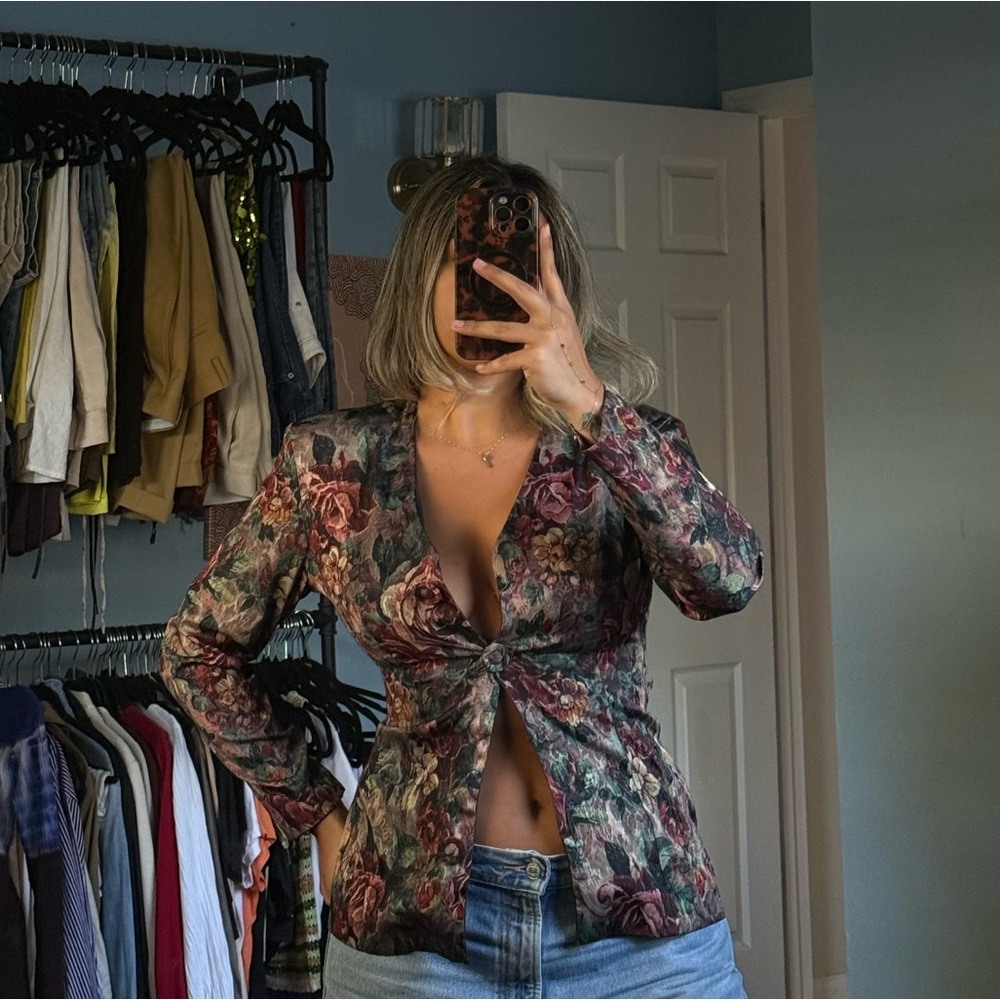 Floral Ruched Front Long-Sleeve Blouse - Green Multi
